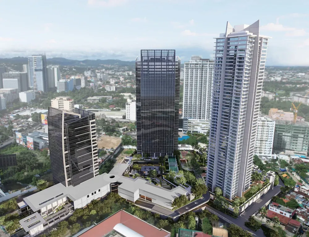 Aerial view of the IPI Center development — office tower, sister residential tower, and Lincoln — artist's rendering