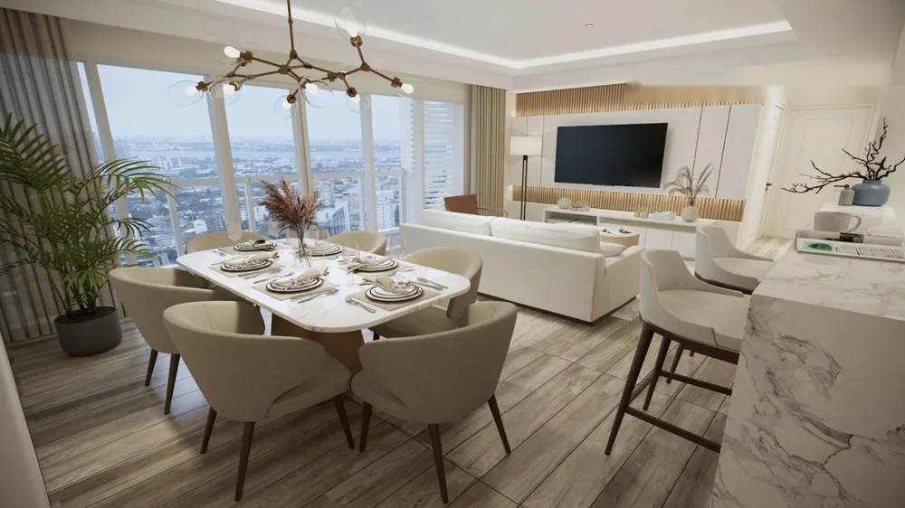 Living and dining area inside a finished unit, artist's rendering