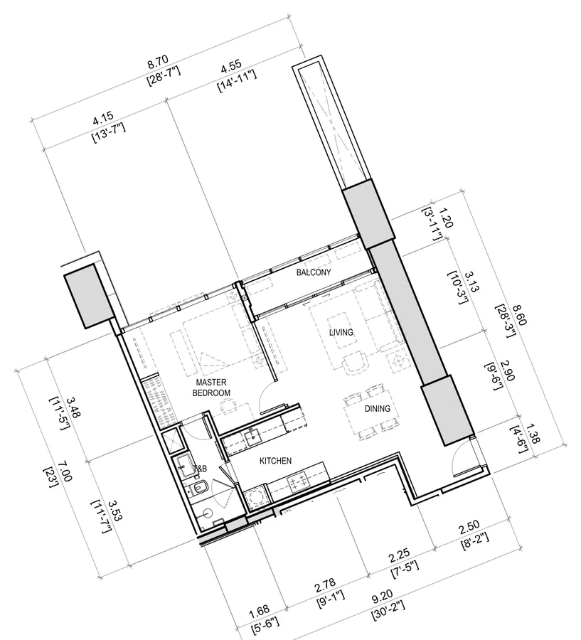 Floor plan, Lincoln at IPI Center Unit B, 1-Bedroom, 65 sqm