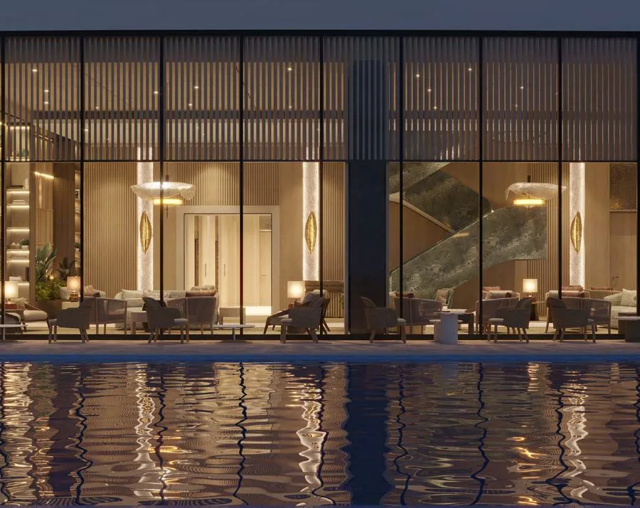 Poolside lounge at evening, The Clubhouse — artist's rendering