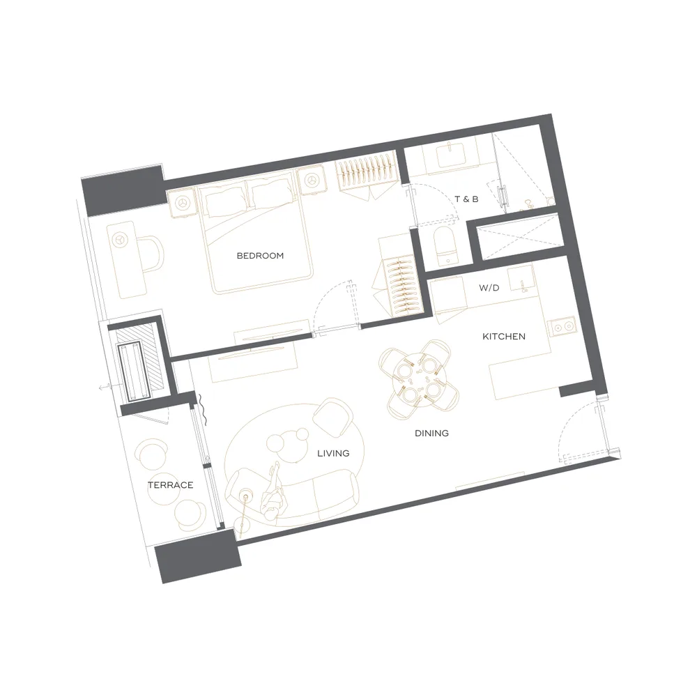 Floor plan, One-Bedroom Residence, 51-64 sqm, Units 03, 05, 08, 09