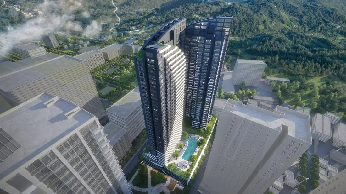 Aerial view of The Wave Towers among Cebu IT Park's other towers — artist's rendering