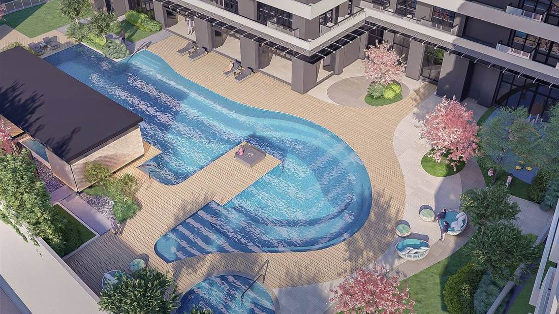 The pool deck, The Wave Towers, 6th Floor — artist's rendering