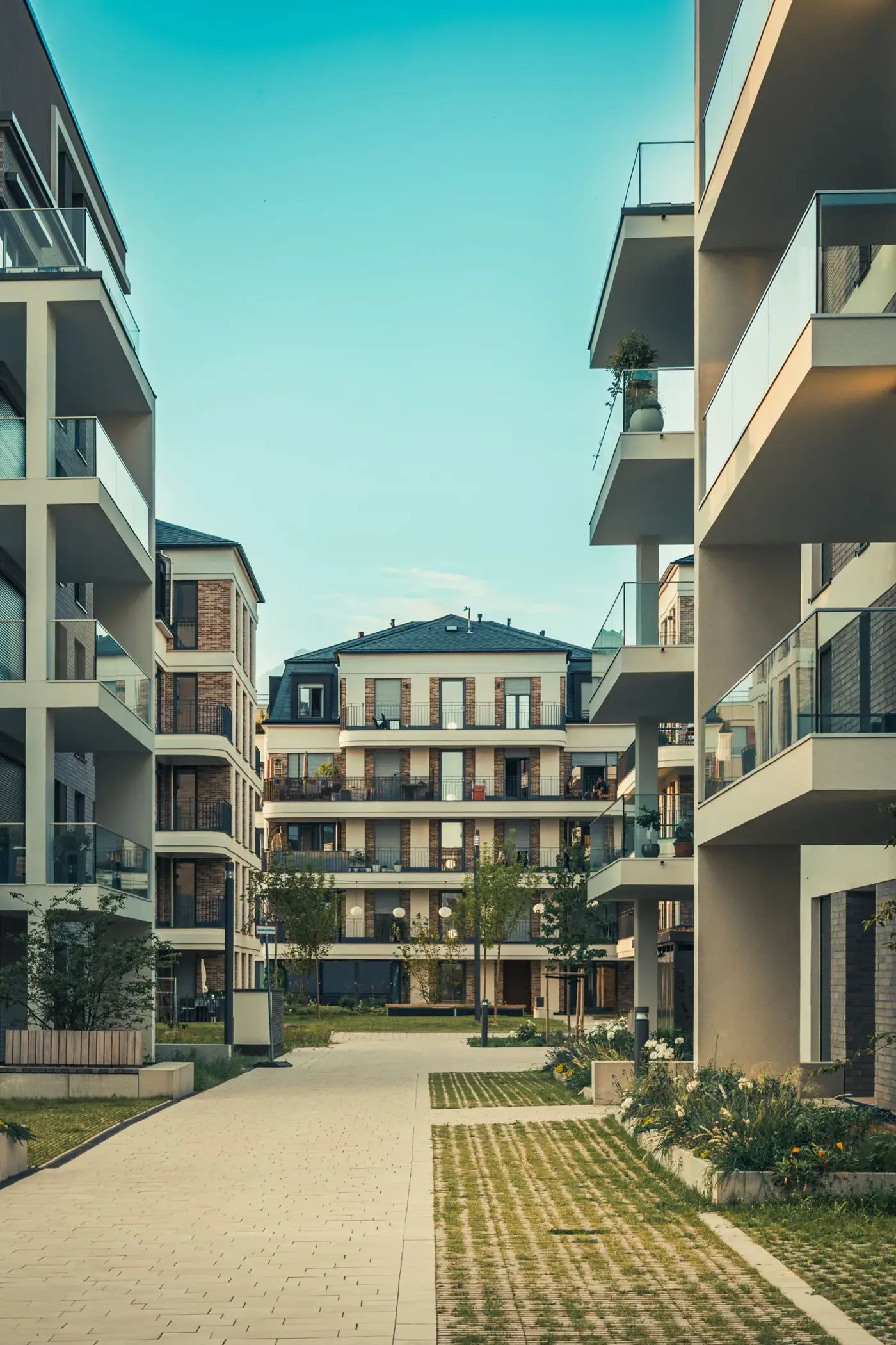 Condominium buildings and shared courtyard grounds